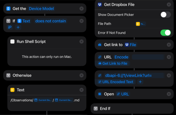 A Shortcut showing branching paths for Mac and iOS which in both cases open a file with a specific path either in the OS or in the Dropbox app