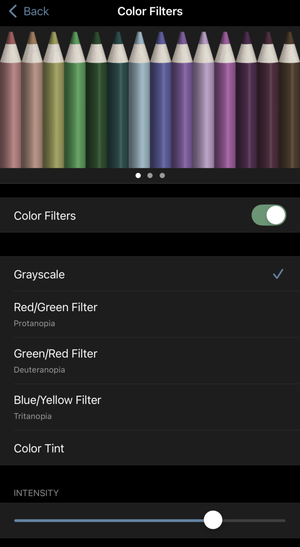 The color filter settings with the color filter applied