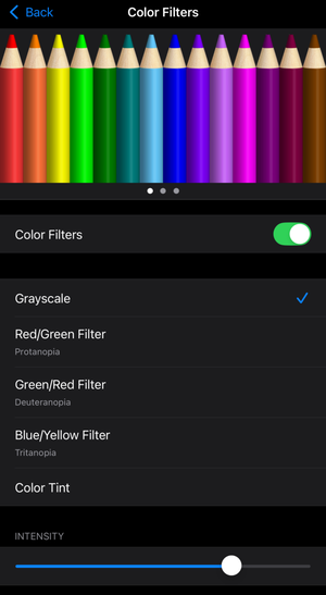 The iOS Accessibility settings for color filter