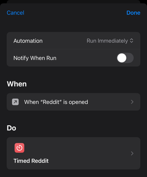 A trigger that runs the above action whenever the Reddit app is opened