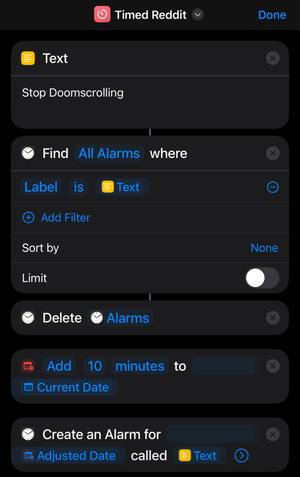 The Reddit Timed action, showing deleting old alarms by name, setting a new one, and opening Reddit (cut off)