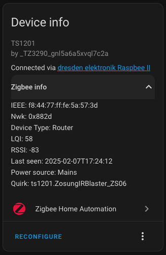 UI for ‘Device info’ showing the quirk and IEEE ID