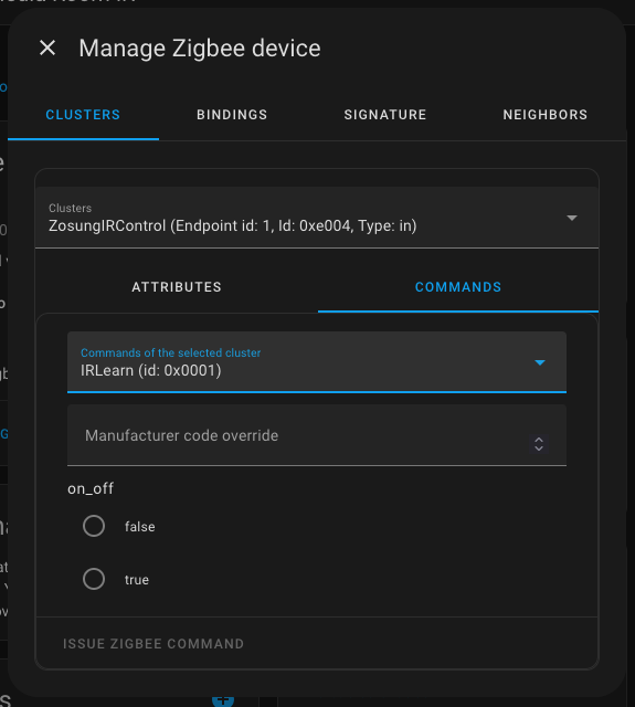 UI for ‘Manage Zigbee device’ showing how to learn IR along with the endpoint, ID, and type