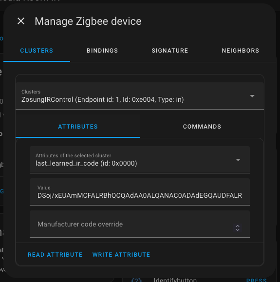 UI for ‘Manage Zigbee device’ showing how to read the learned code