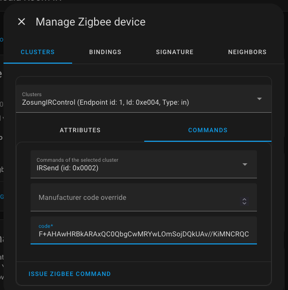 UI for ‘Manage Zigbee device’ showing how to send that code