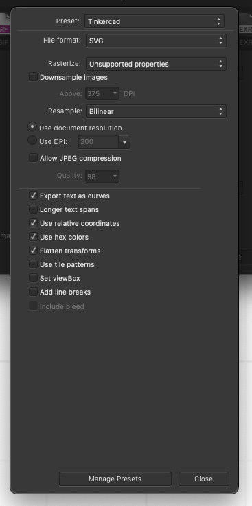 Export settings from Design to SVG